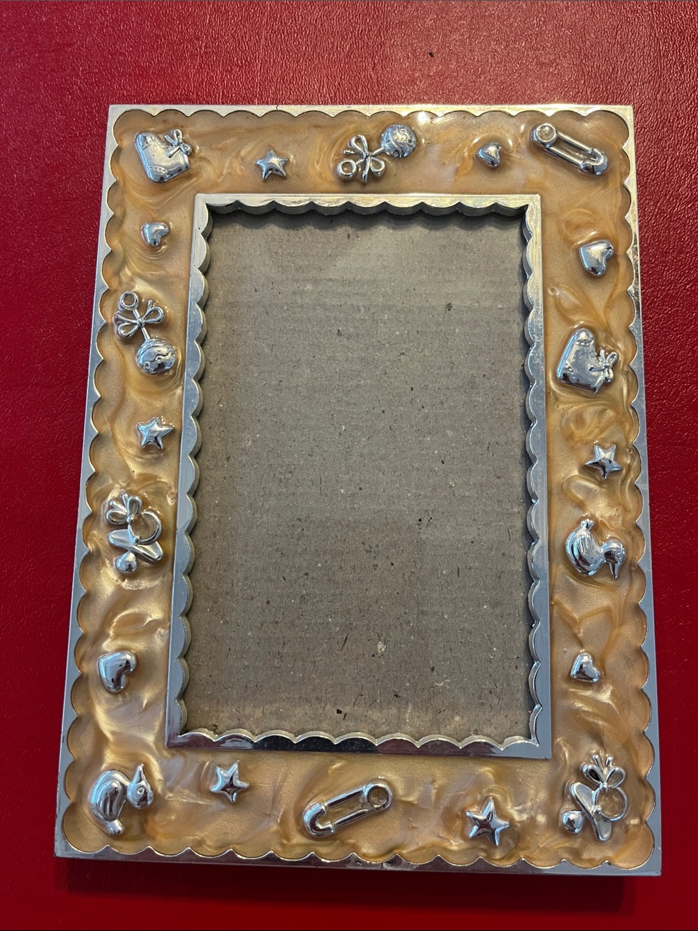 Picture Frame Baby silver metal Yellow enamel 7.75”H 5.75”W